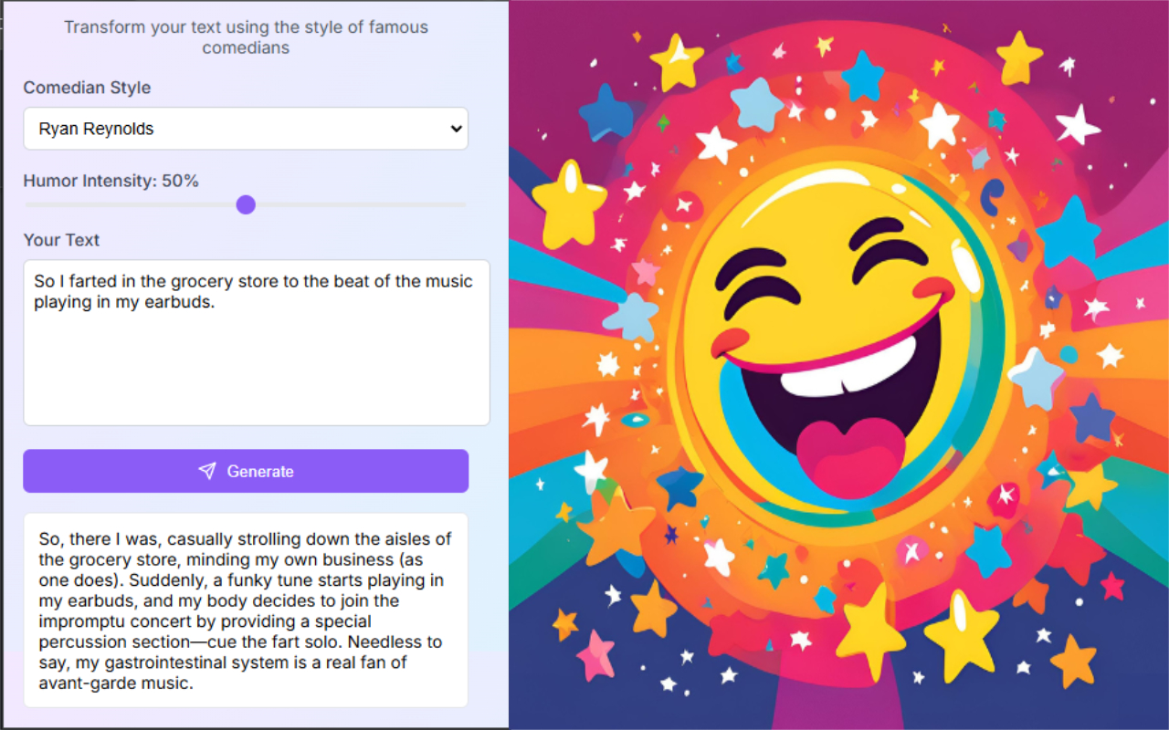 HaHaPen interface showing sample text transformed into a humorous rewrite