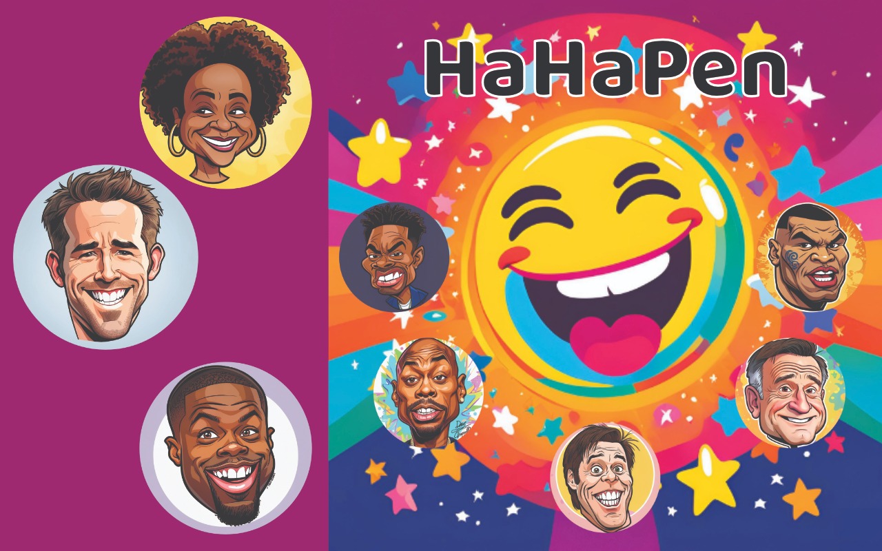 HaHaPen artwork with a colorful laughing face and entertainer-inspired illustrated characters